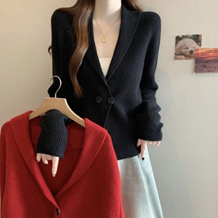 实拍~大码秋冬新款小香风翻领毛衣外套女洋气复古正肩西服领上衣