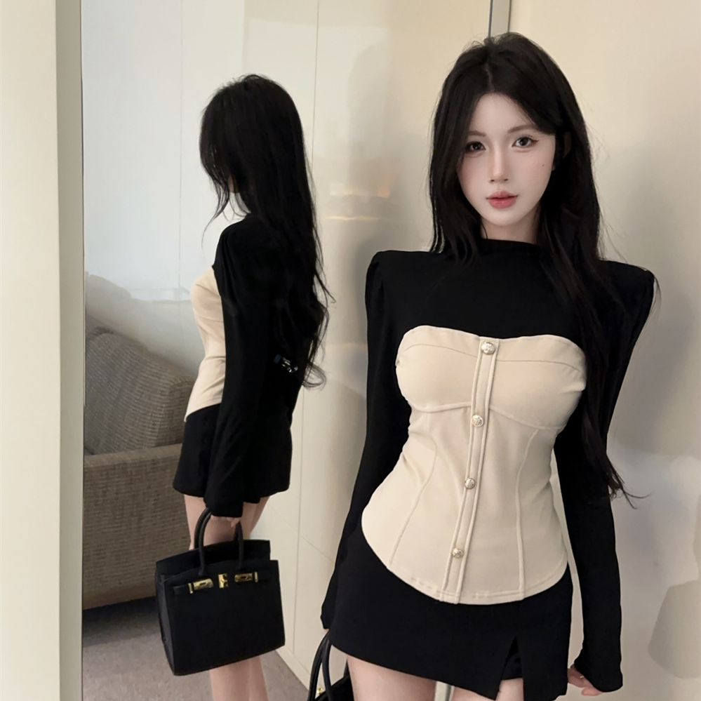 实拍韩版圆领拼接加绒单排扣修身短款撞色假两件套辣妹打底T恤潮