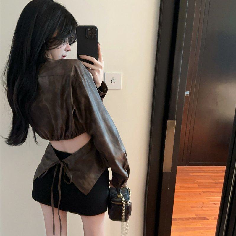 实拍设计感镂空露腰收腰系带长袖软皮翻领衬衫实价