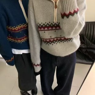 秋冬独特漂亮半拉链高领毛衣女款波浪提花慵懒高级感针织衫