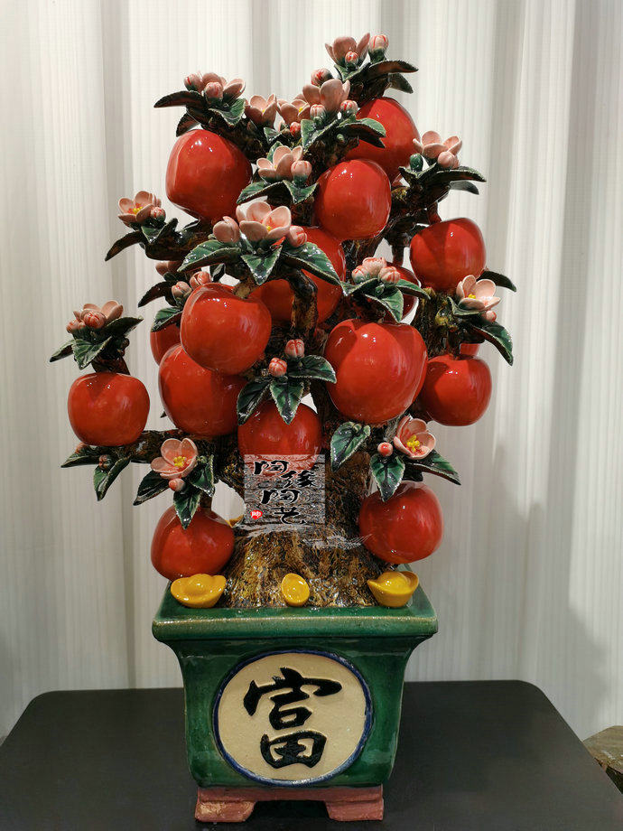 陶瓷工艺品 石湾陶艺 盆景苹果摆件 平平安安