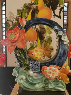 陶瓷工艺品 石湾公仔 荷花鱼 一帆风顺 中式家居