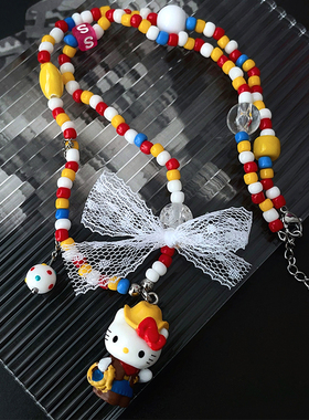 RTZHANG甜美可爱少女心多巴胺KT猫彩色串珠项链女锁骨链小众个性