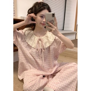 家居服套装 韩版 长裤 碎花格子纯棉麻睡衣女夏季 春 甜美蕾丝圆领短袖