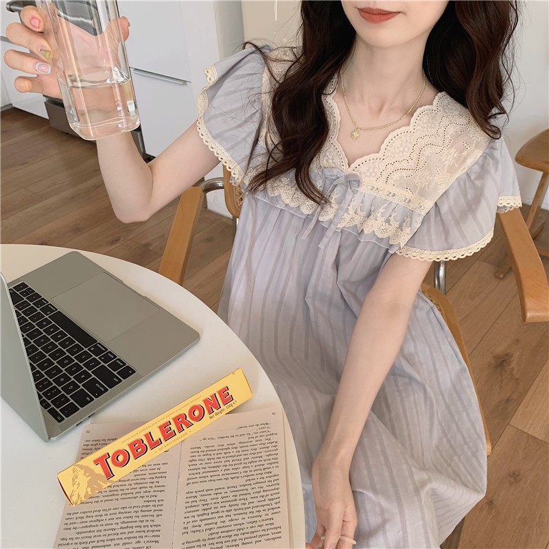 蕾丝纯棉麻宫廷风短袖睡裙女夏季