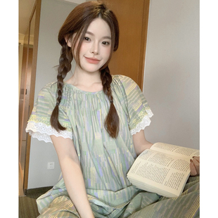 韩版 薄款 2025新款 甜美蕾丝纯棉睡裙家居服套装 短袖 睡衣女夏季 长裤