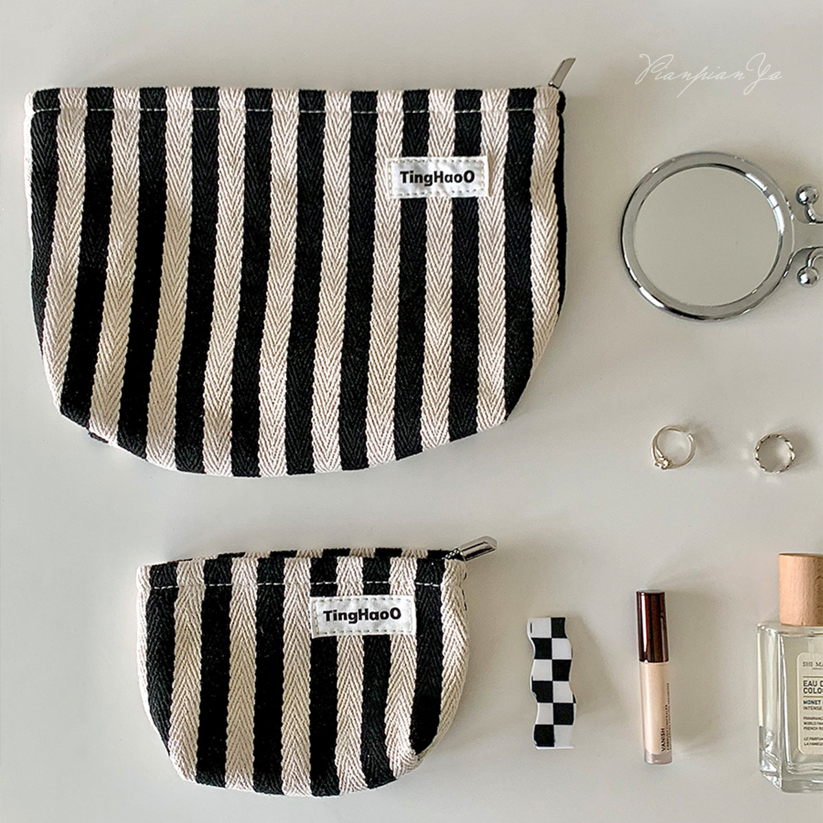 小众布艺化妆包条纹大容量便携收纳包小方包随身零钱包拉链小包,收纳整理,化妆包,淘宝优惠券,粉丝福利购,淘宝优惠卷