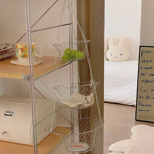 简约银色悬挂收纳吊篮三层可折叠镂空金属置物挂篮水果零食收纳筐