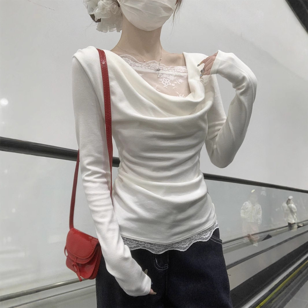 春季韩版温柔风蕾丝拼接打底衫纯