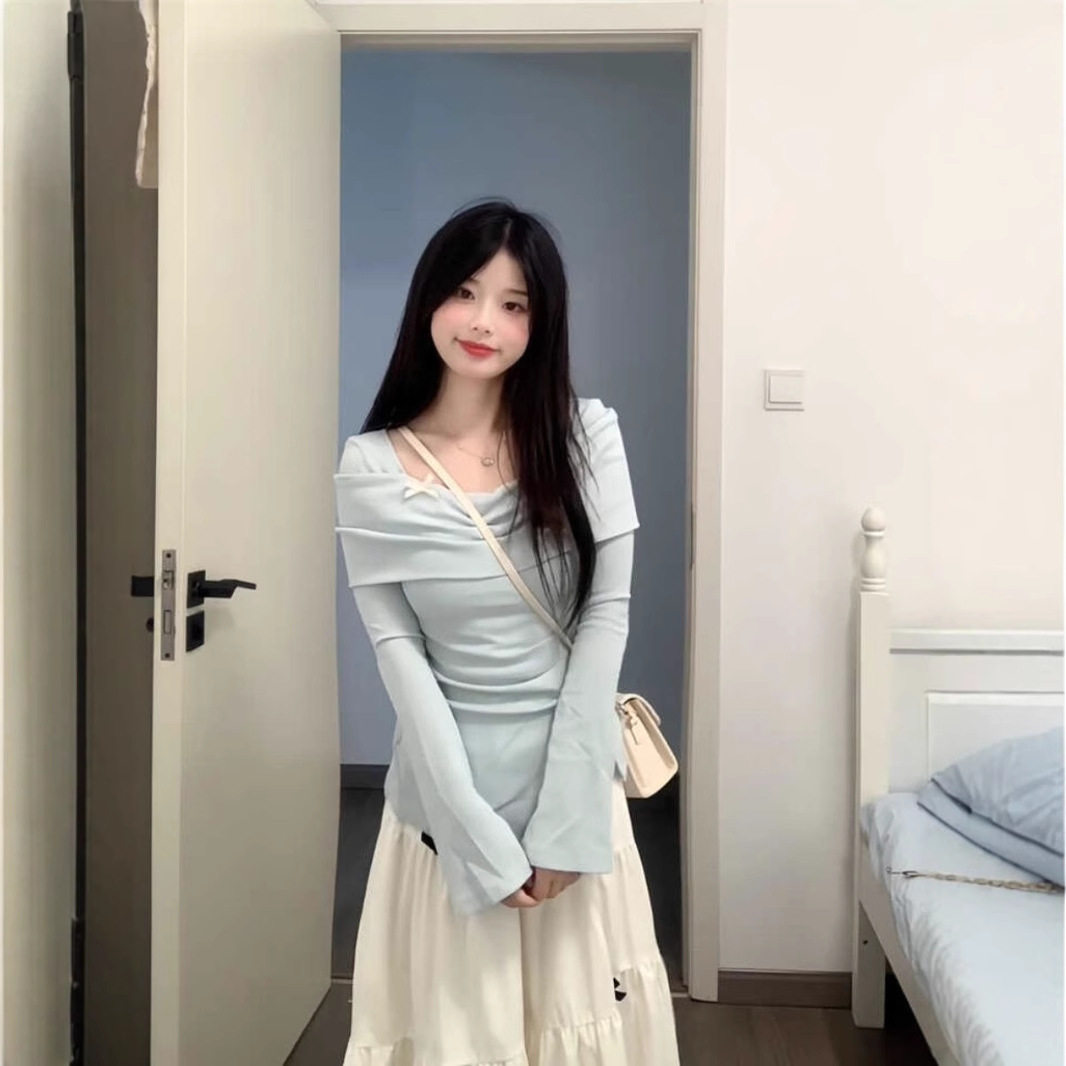 2024早秋辣妹设计感蝴蝶结正肩长