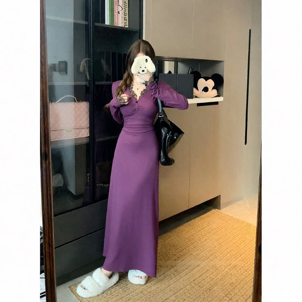 秋冬法式气质御姐风拼接蕾丝边纯