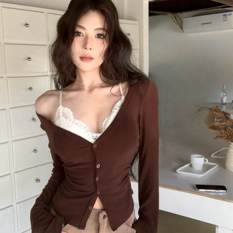 辣妹小众V领长袖T恤女性感纯欲灰