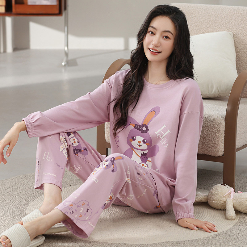春秋新款纯棉女卡通束袖口睡衣