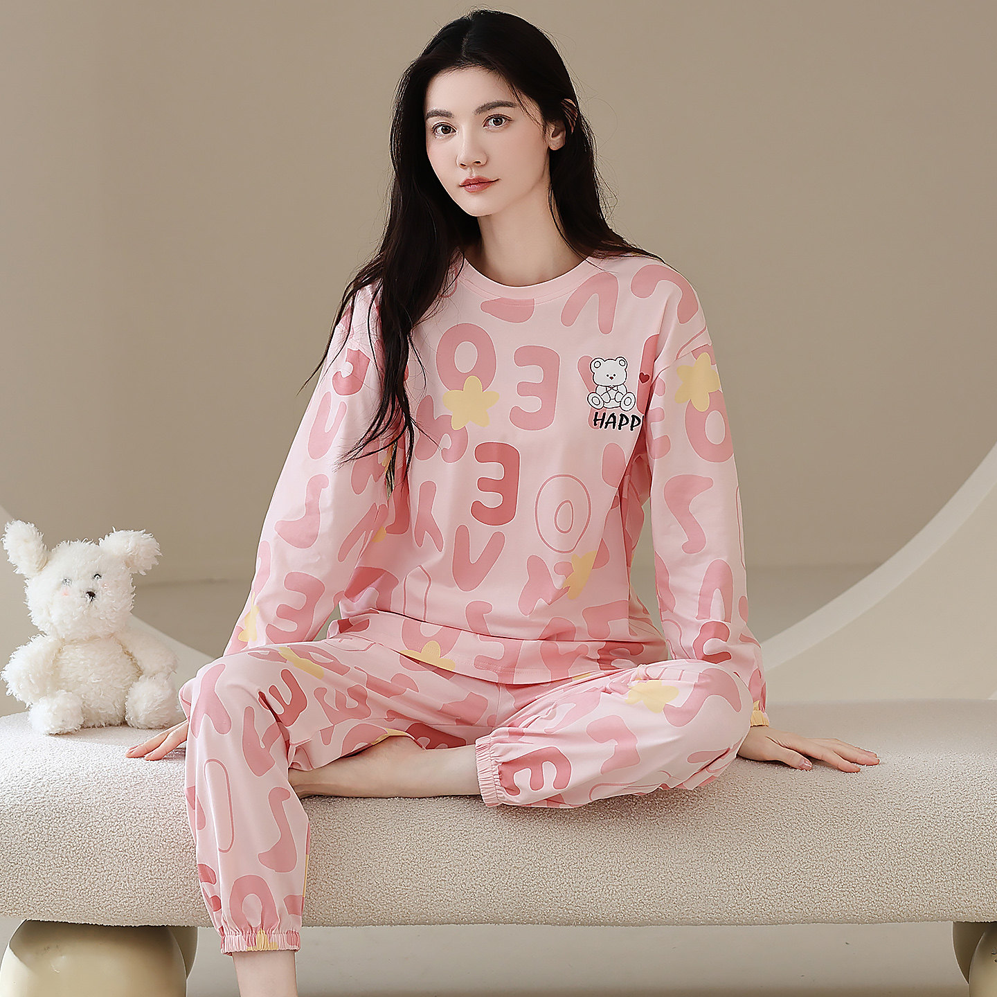100%新款纯棉春秋冬款长袖加厚睡衣女款外出可穿套头家居服