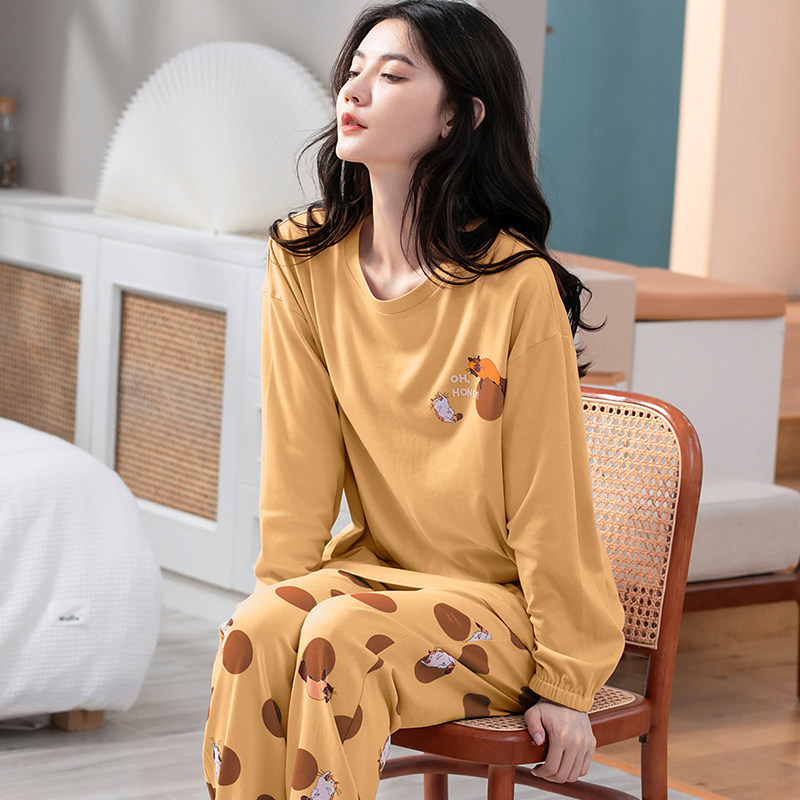 新款纯棉春秋冬款长袖加厚睡衣女款外出可穿套头家居服