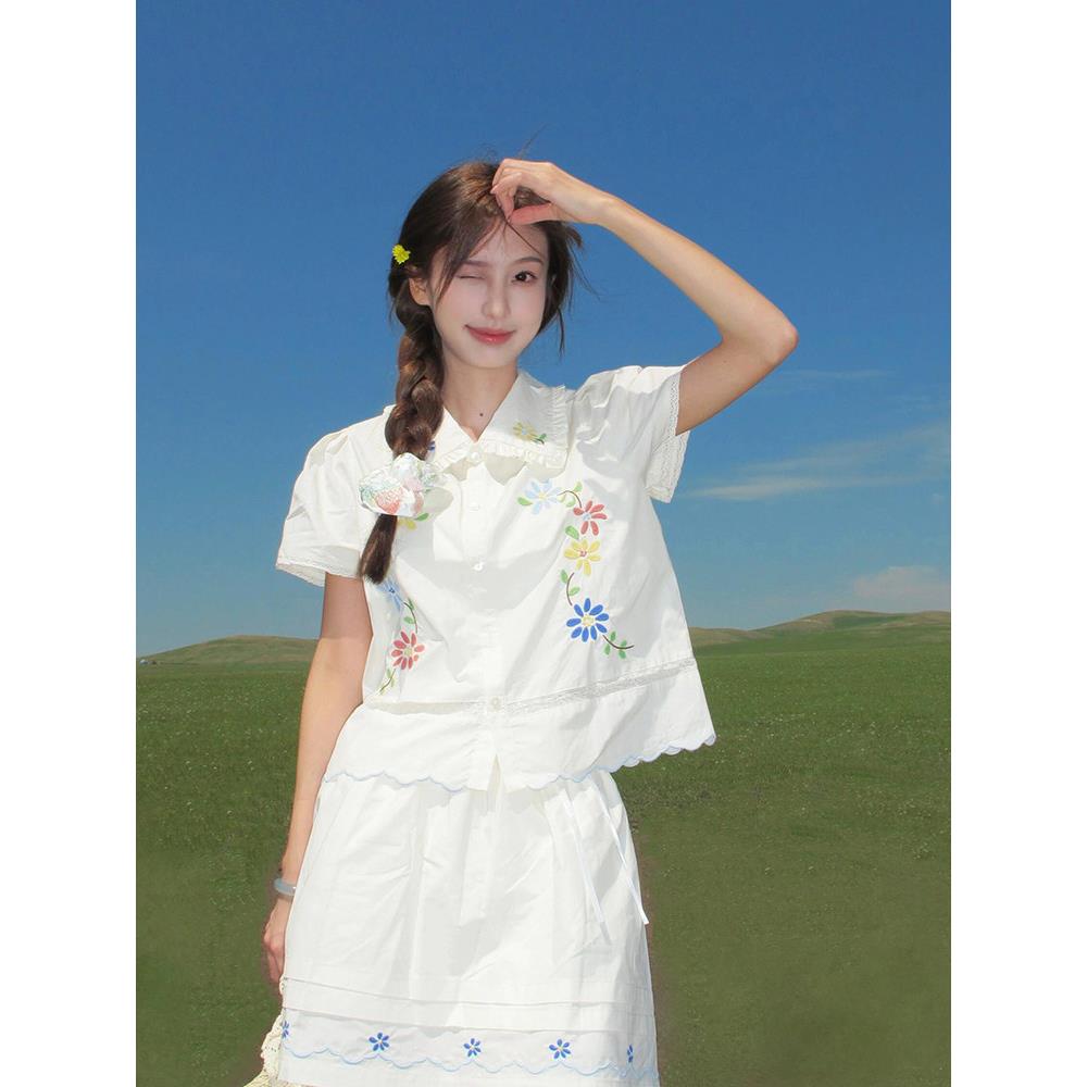 夏装搭配一整套女2025日系覆古减龄娃娃领刺绣碎花衬衫高腰半身裙