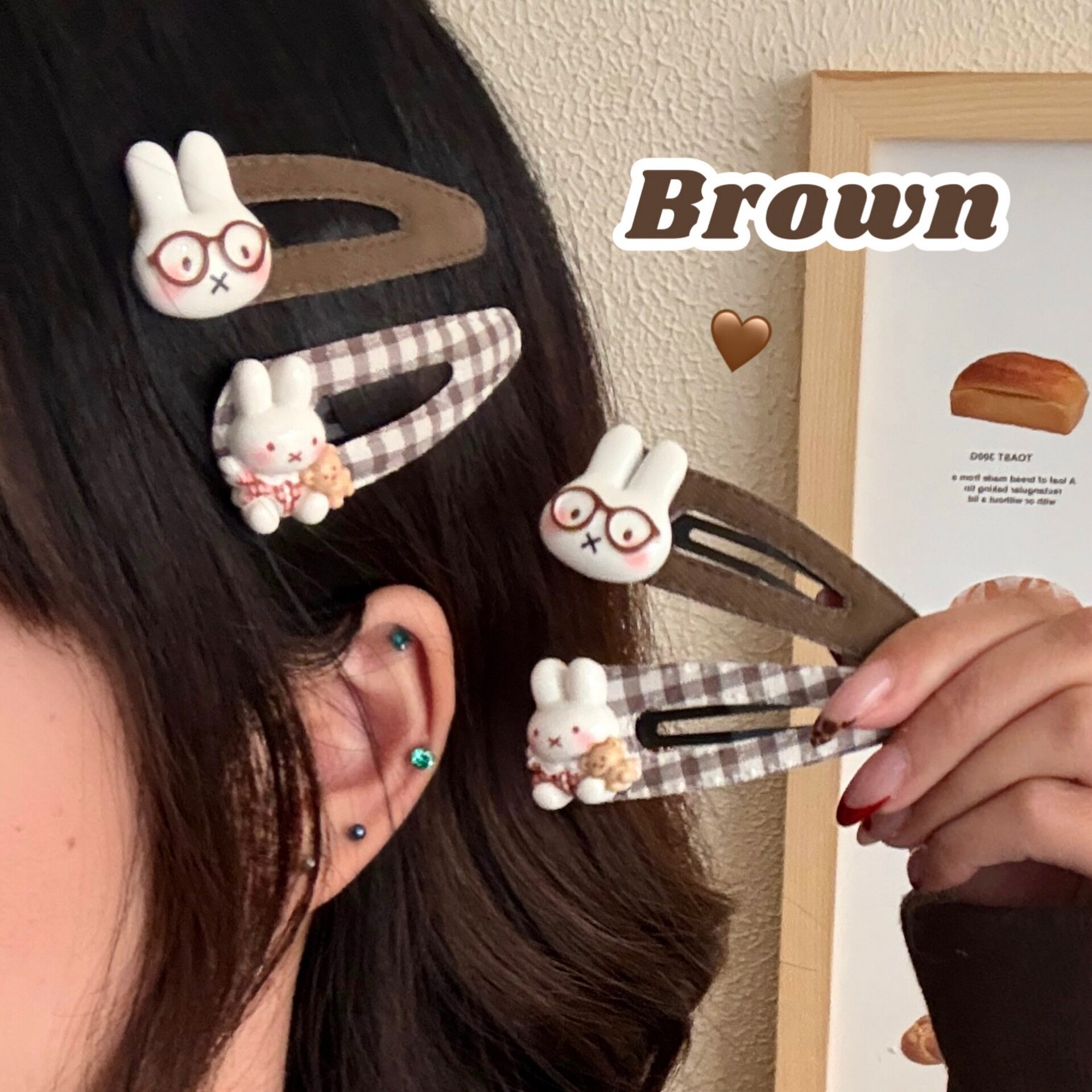 美拉德咖色系可爱小兔格纹BB夹少女侧边刘海夹甜美卡通掰掰夹发饰
