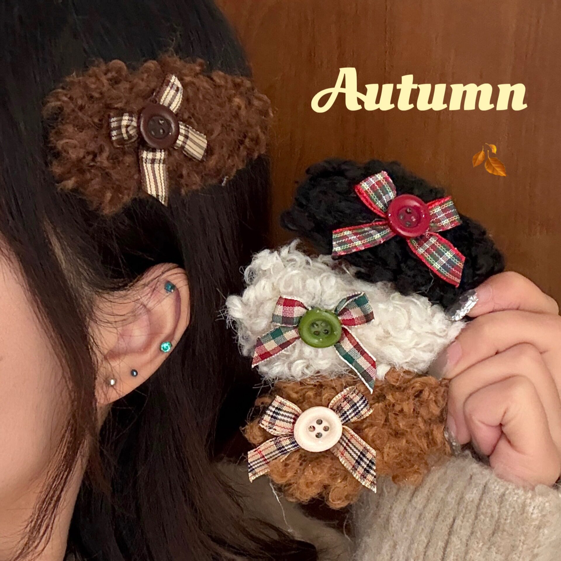 秋冬季卷毛绒蝴蝶结纽扣BB夹少女心甜美侧边夹前额刘海夹发饰批发