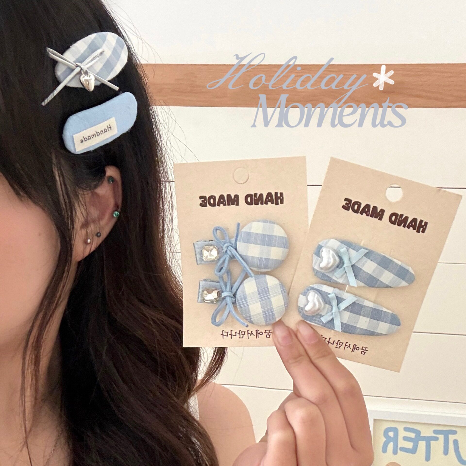 蓝色系格纹发夹套装儿童不伤发bb夹甜美百搭刘海夹边夹少女碎发夹