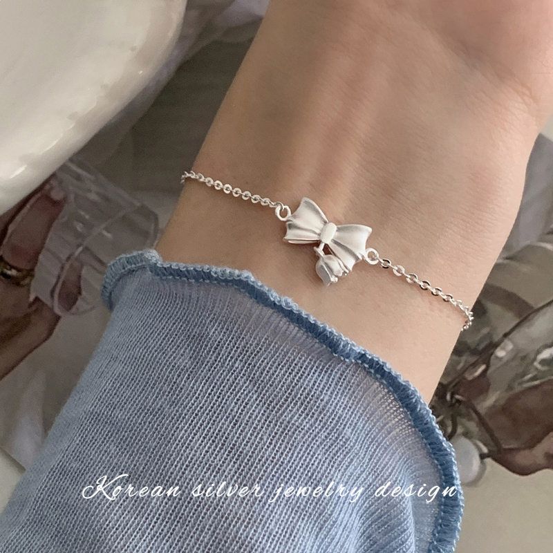 s999纯银蝴蝶结铃兰花手链女小清新甜美磨砂森系花朵足银手饰简约