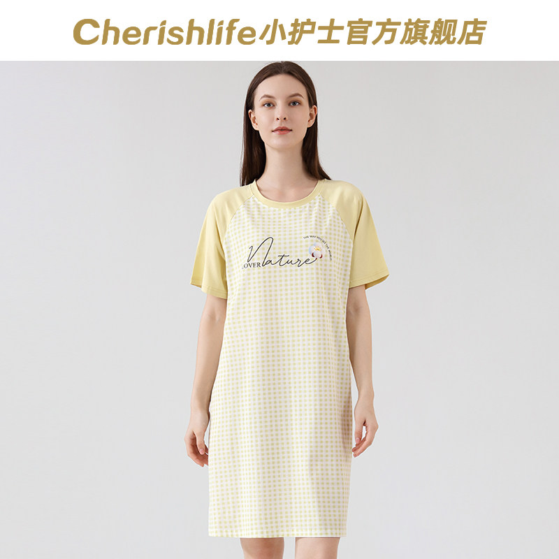 小护士插肩短袖睡裙女士夏薄款A类纯棉格纹睡衣大码家居服中裙子