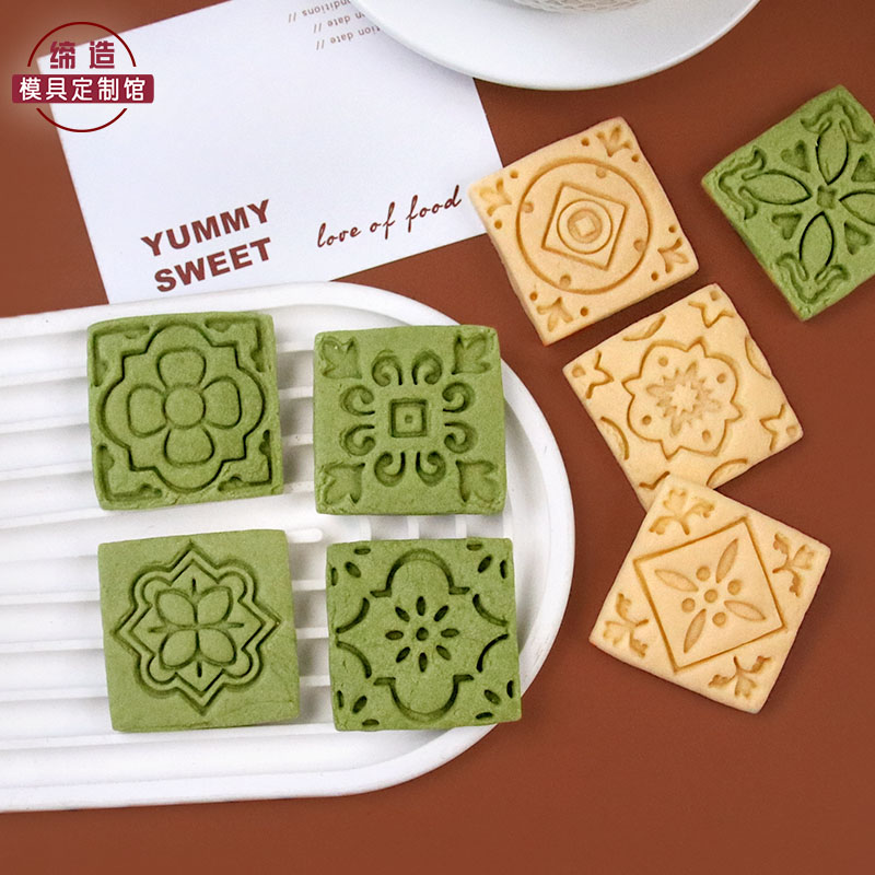 花砖卡通饼干模具复古方形波浪曲奇翻糖切模3d立体印花烘焙工具