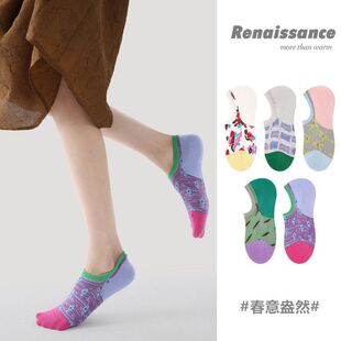 Renaissance一件代发春夏拼色花朵短袜无骨精梳棉船袜ins潮袜子女