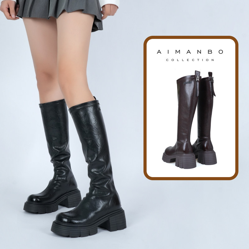 漫步佳人2025冬季新品加绒长筒靴不过膝厚底增高骑士靴显瘦百搭鞋,女鞋,时装靴,淘宝优惠券,粉丝福利购,淘宝优惠卷