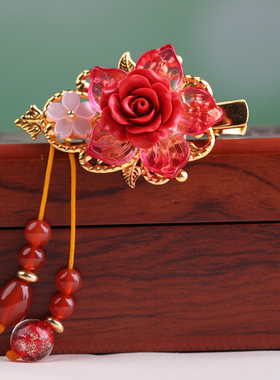 新娘婚礼发夹边夹古装红色复古风发卡夹子头饰成人儿童鸭嘴夹盘发