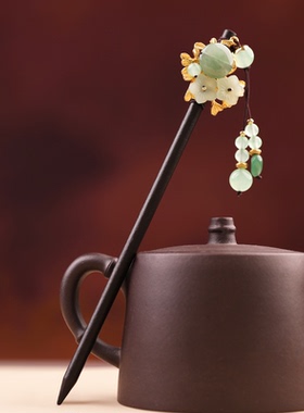 古风原创设计发簪墨绿色簪子木簪步摇流苏头饰旗袍日常简约现代女