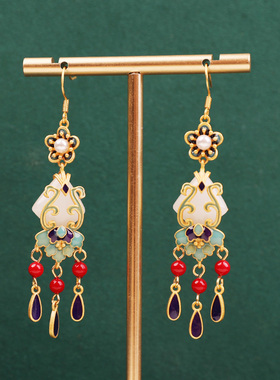 凤仪（饰品）国风仿玉石耳钉女生红色高级感流苏精致古风花朵耳环