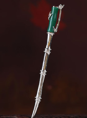 竹节镀白金色发簪实心古风宫廷汉服盘发头饰绿色玉质发钗节日礼物