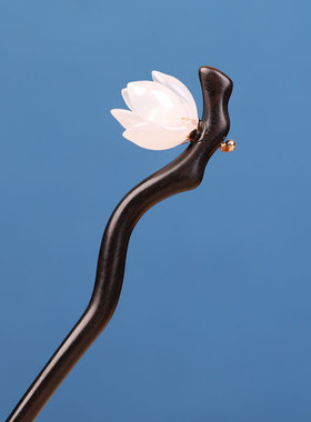 雪莲花手工原创旗袍日常茶服盘发簪子黑檀木白色花苞紫檀珍珠发钗