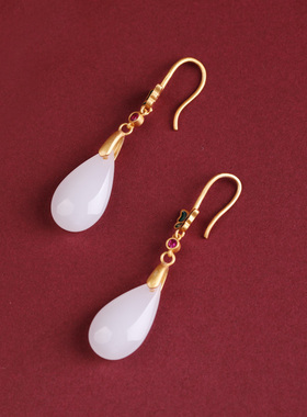 中国风复古旗袍汉服镀金饰品蝴蝶结长款耳坠景泰蓝白色玉石耳环女