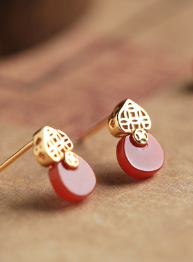 南红玛瑙纯银和田玉葫芦耳钉女高级小众设计感本命年红色耳饰耳环