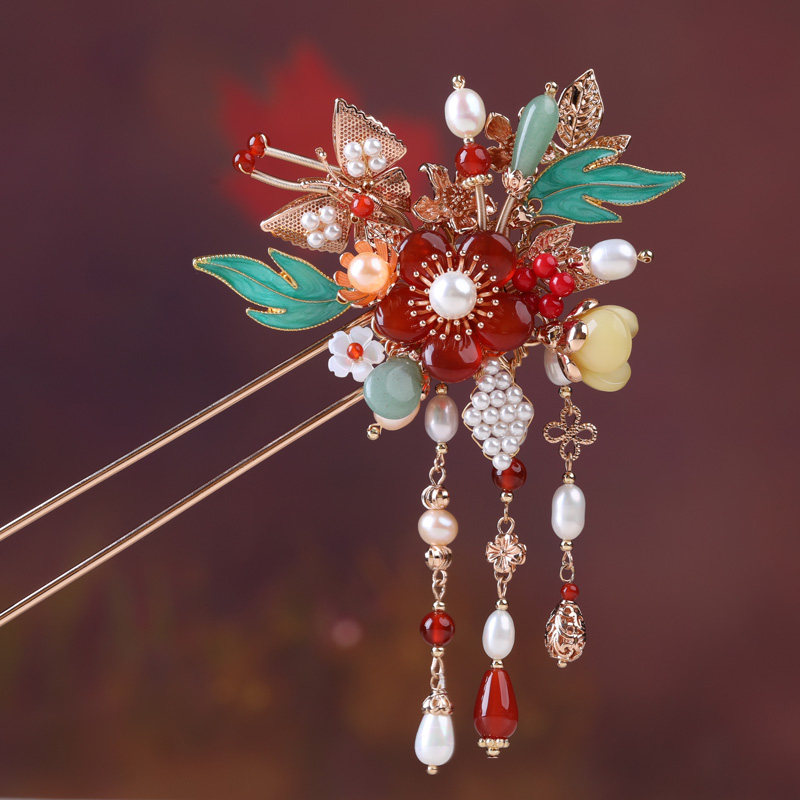 明制原创手工新品汉服发簪古风头饰玛瑙珍珠铜高档宫廷发饰发钗