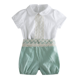 欧美西班牙风男童短袖短裤周岁摄影infant clothes套装
