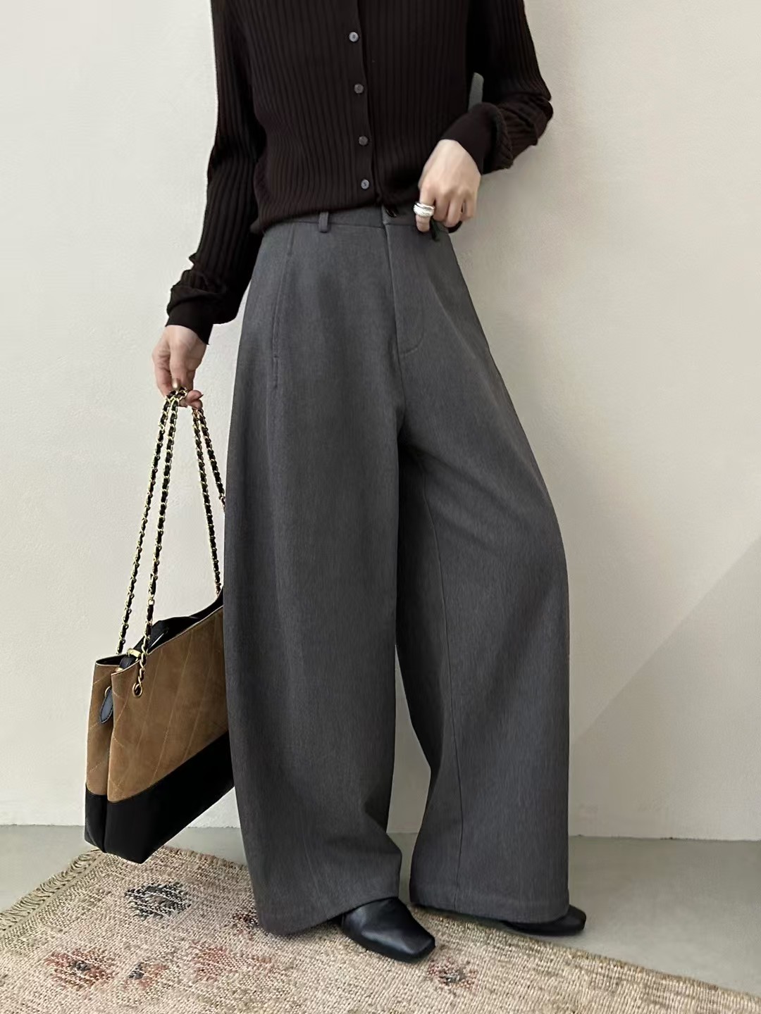 韩系5531灰色磨毛阔腿裤女秋冬慵懒风时尚宽松高腰显瘦弯刀裤长裤