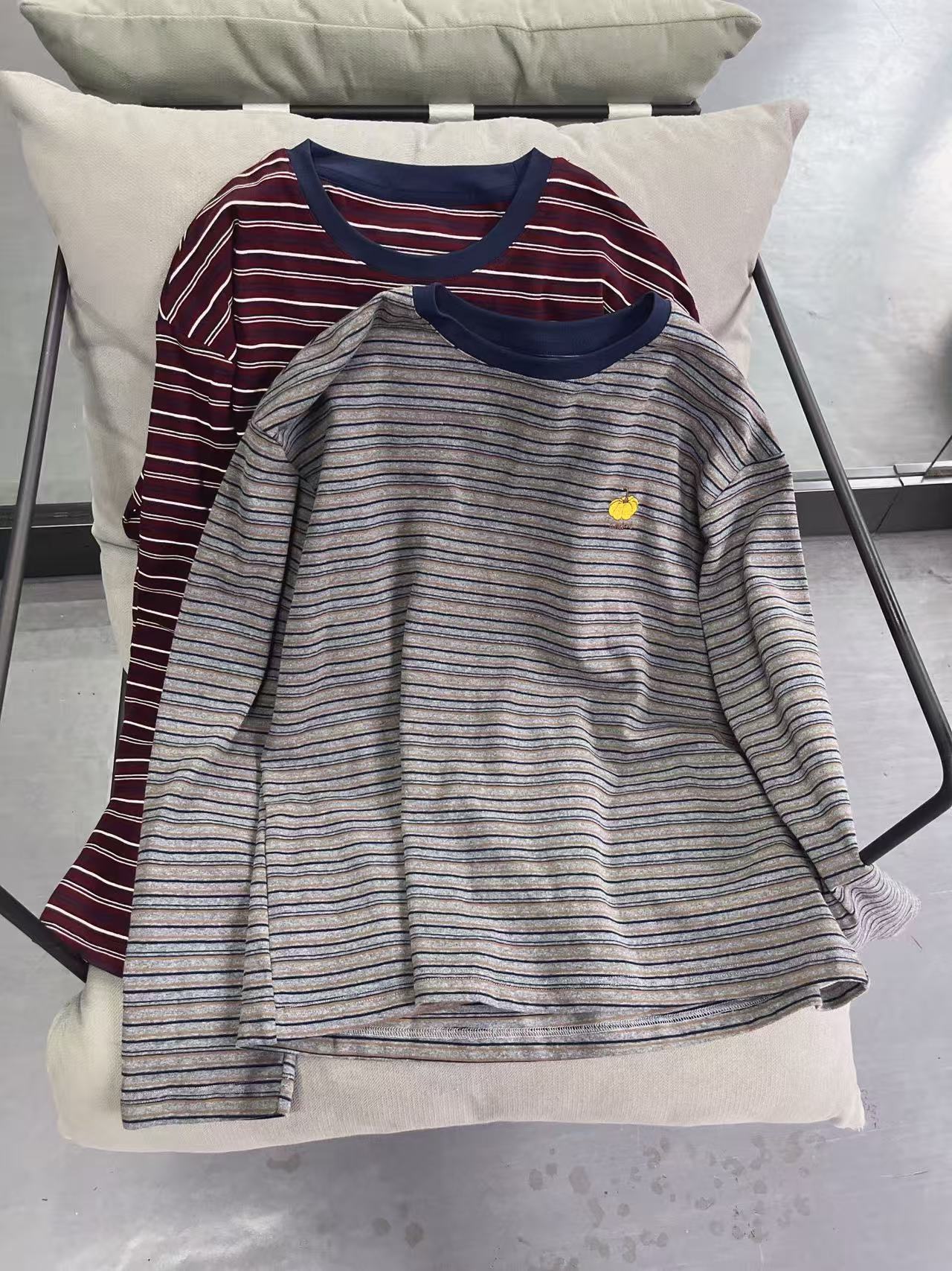 MAY MONK厚款磨毛宽松休闲条纹长袖T恤刺绣南瓜打底上衣叠穿百搭