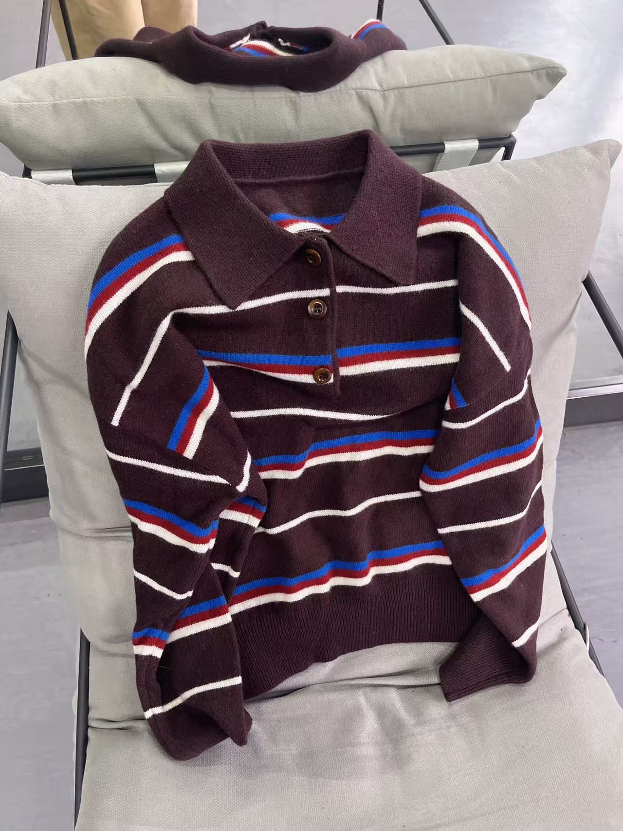 MAY MONK新款100%羊毛POLO领咖色条纹针织衫女显瘦毛衣打底上衣