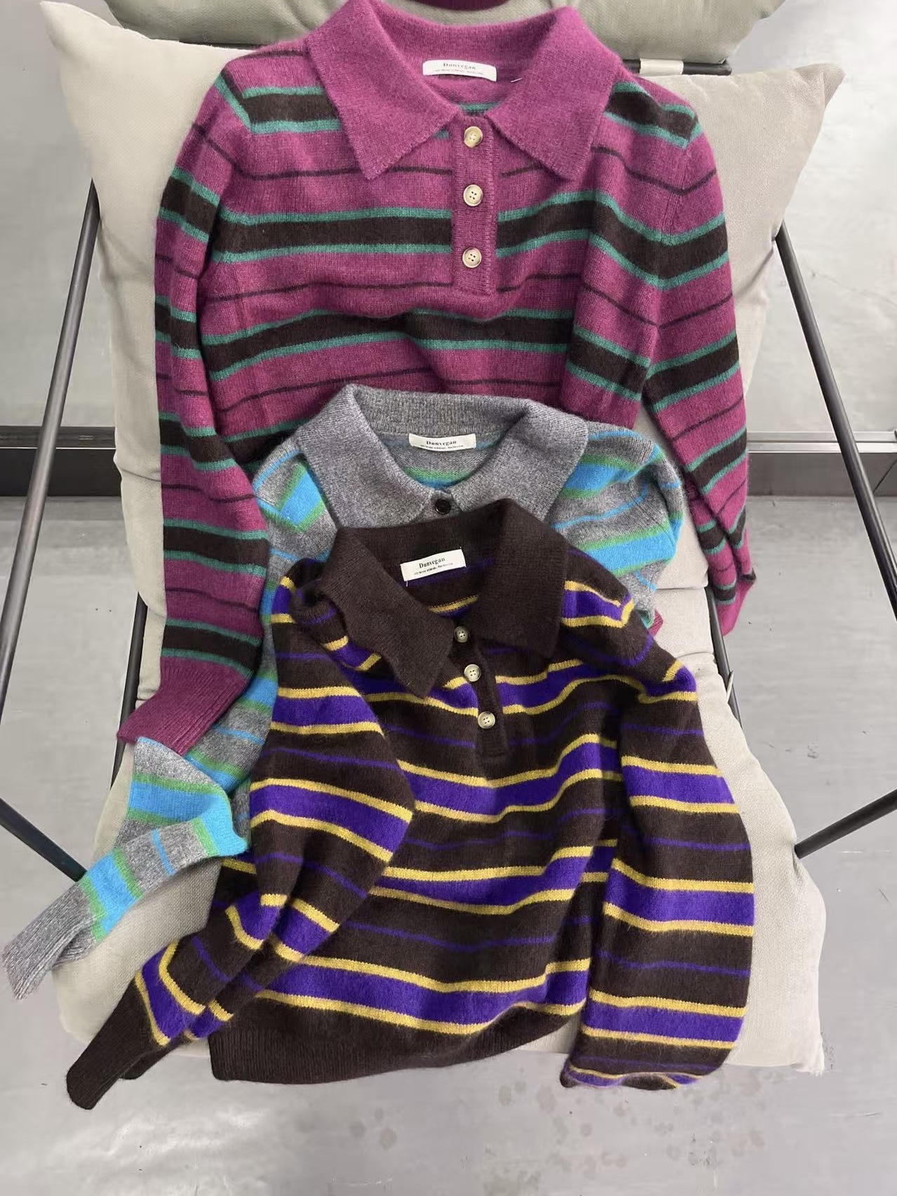 Dunvegan韩国100%浣熊绒复古POLO领条纹针织衫女2025冬季新款毛衣