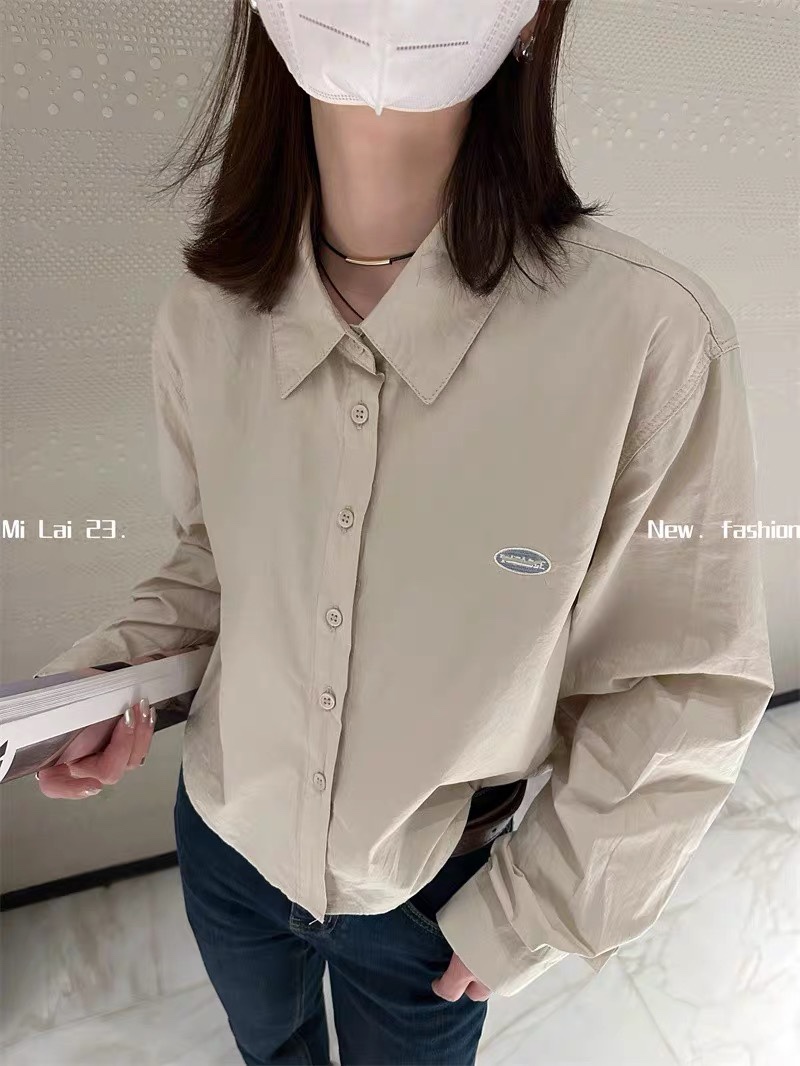 韩版秋装1971字母刺绣长袖短款咖色米色衬衫衬衣女上衣小个百搭