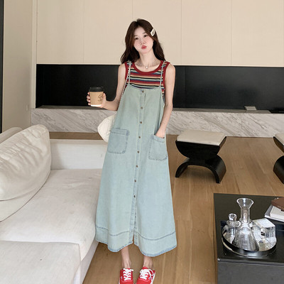 彩色条纹背心T恤牛仔背带裙女夏季宽松休闲无袖连衣裙两件套