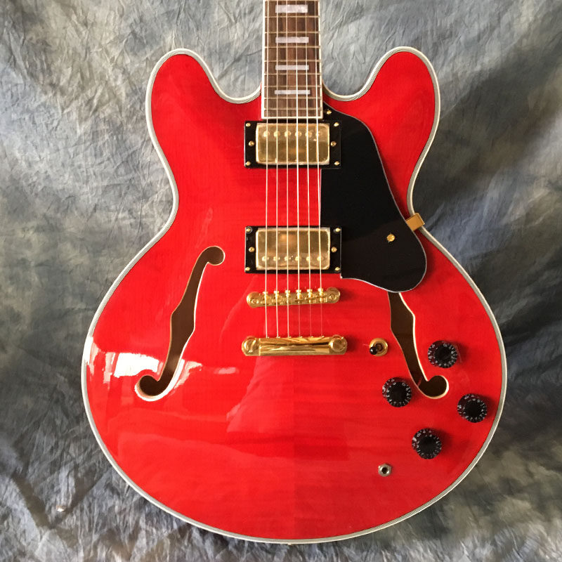 透明虎纹红色爵士电吉他 f孔半空心电吉他 樱桃红色爵士琴可定制