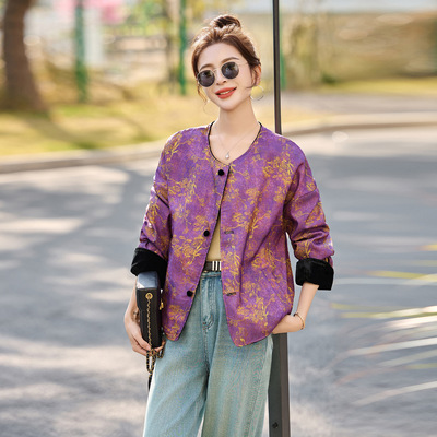 2026春季新款丝绒拼双面穿设计圆领单排扣宽松复古上衣外套CY8197