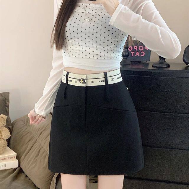 高腰显瘦设计感百搭西装气质短裙新款撞色a字半身裙女小个子字母