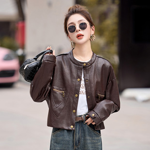2025秋装新款女装高级感通勤皮夹克气质立领短款PU皮外套女WA2522