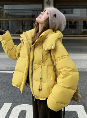 少女风90羽绒服外套2025冬季新款时尚短款宽松连帽黄色白鸭绒上衣
