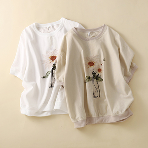 RM21215#文艺复古上衣夏季印花宽松薄款短袖t恤