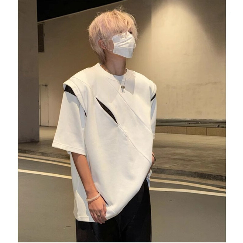 垫肩t恤男短袖设计感高级感ootd穿搭分割解构美式小领口男模半袖
